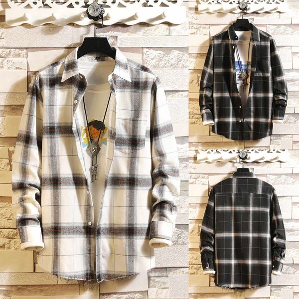 

2019 spring and autumn vintage china style classic plaid long sleeve white black shirt male casual slim fit shirt import clothes