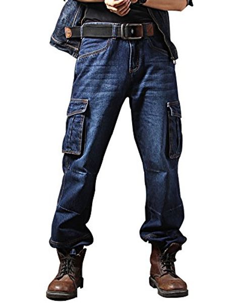 

idopy casual motorcycle workwear multi pockets denim biker cargo jeans pants, Blue