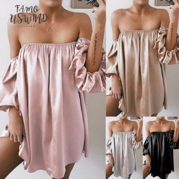 

summer solid pink lady female women clothes long bell sleeve loose lantern ruffled off shoulder casual dress, Black;gray