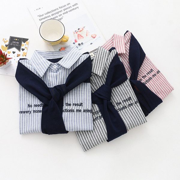 

fashion shawl stitching shirt women blouses autumn lapel long-sleeve striped blouse, White