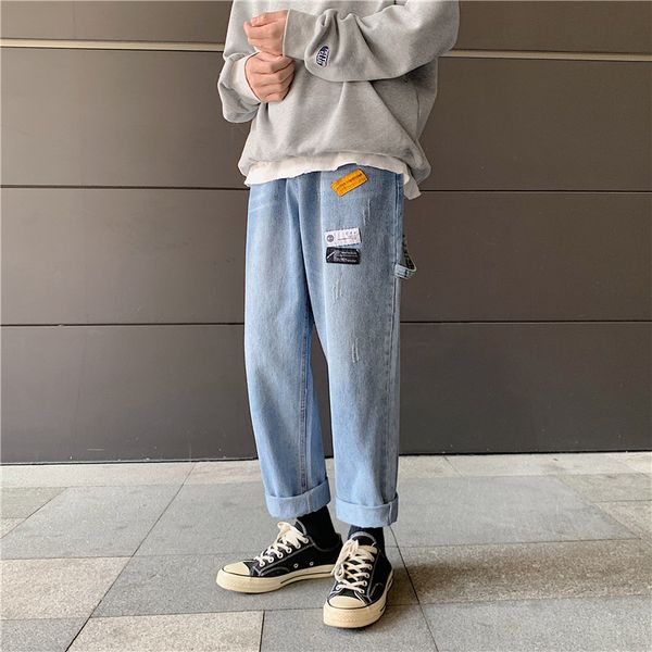 

uyuk2020 spring summer style casual jeans printed loose fashion men labeled straight tube 9-cent trousers hip hop, Blue