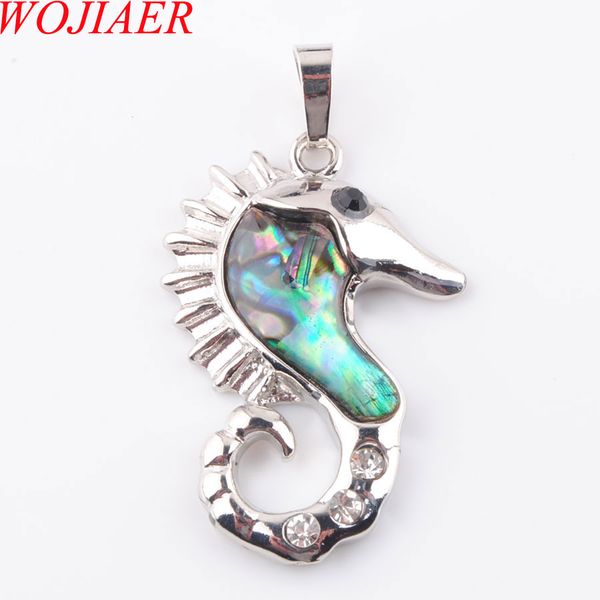 

wojiaer natural new zealand abalone shell gem stone the hippocampus animal beads pendant necklace women jewelry 1pcs dn3649, Silver
