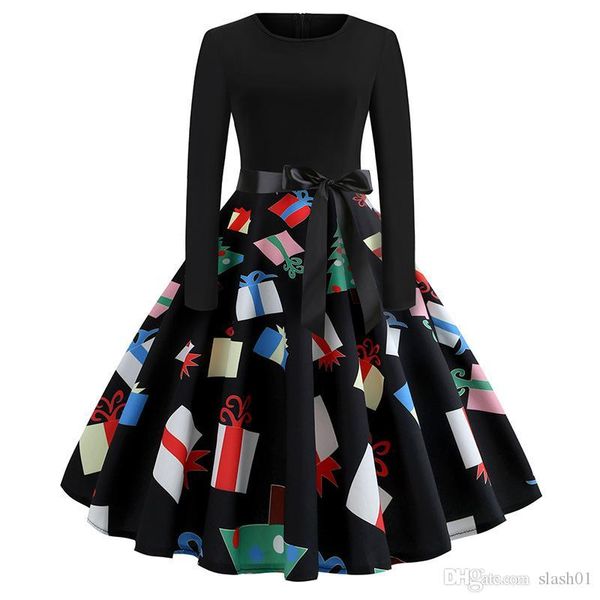 

2019 2020 new designer design fashion selling christmas new retro print round neck long sleeve swing dress with belt, Black;gray