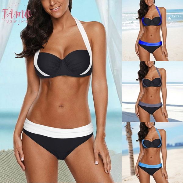 

mujer 2020 bikini set halter swimsuit lower waist bathing suits swimwear push up tankini set plus size swimwear 4xl for women, White;black