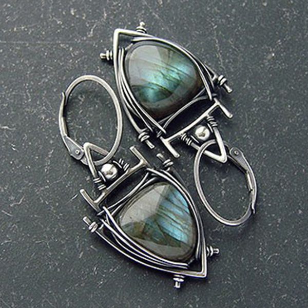 

tribal geometric triangle green resin stone earrings for women vintage jewelry metal pierced dangle earrings gift z3d413, Silver