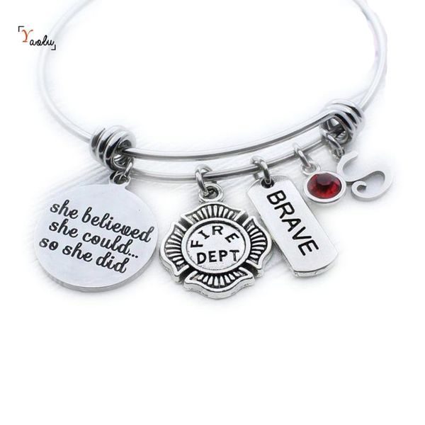 

fire fighter charm bangle bracelet fire women jewelry personalized firefighter graduation gift(leave message for birthstone, Black