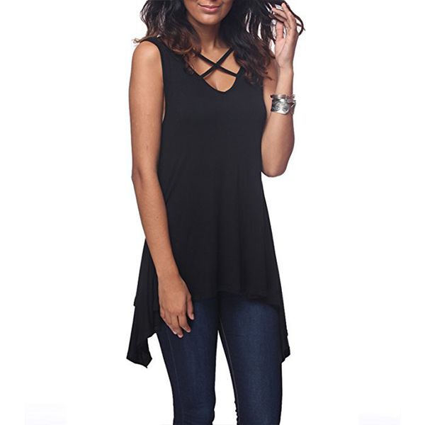 

women clothing women shirt shirts women 2019 cotton summer criss cross bandage sleeveless v neck casual solid t shit feminina, White
