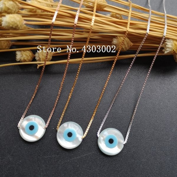 

promotion 925 sterling silver round pearl shell necklace adjustable round blue evil eye mop shell pendant for gift