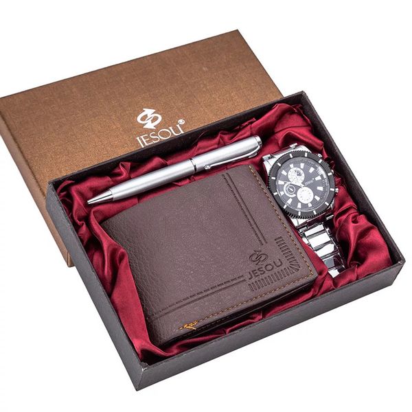 

мужские часы set стали / learther кварцевые наручные часы складной кошелек шариковая ручка подарочный набор для boyfriend папа мужчинам пода, Slivery;brown