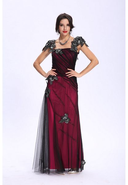 

charming elegant classic style with flowers embroidery beaded tulle black and red colour evening cocktails party long dress, Black;red