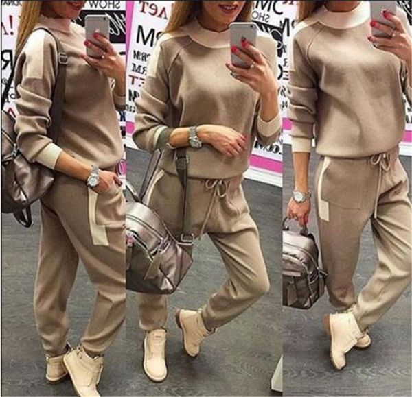 

2017 autumn/winter colorblock o neck sweater trouser knitted tracksuit two piece set women harem pants suits, White;black