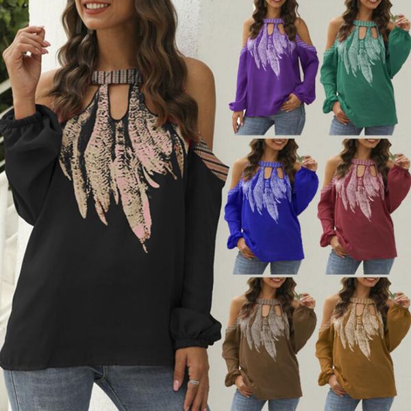 

женская дизайнерская блузка с длинным рукавом с принтом сексуальная футболка с открытыми плечами шифоновая рубашка, White