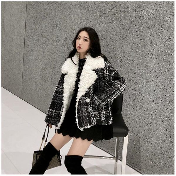 

2019 winter jacket new warm student womens coat long sleeve lattice woolen coats lapel fashion clothing 2057, Black