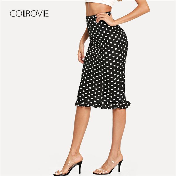 

colrovie black slit back ruffle hem polka dot skirt 2018 autumn keen length stretchy skirt high waist elegant women skirts