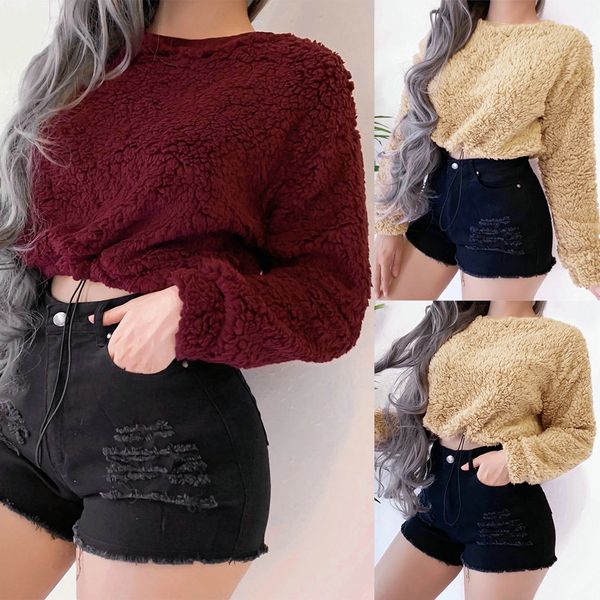 

women teddy bear fluffy fleece fur blouse sweatshirt pullover long sleeve solid sweater, White;black