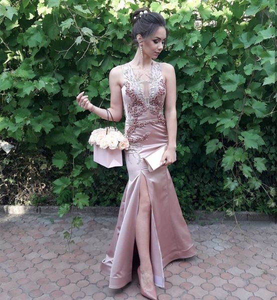 

prom dresses pink beading satin side slit split party gowns sleeveless elegant evening formal dress, Black