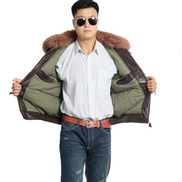 

winter men cotton padded warm pilot jacket wool fur collar coat cowhide genuine leather jacket motorcycle windproof overcoat 6xl, Black