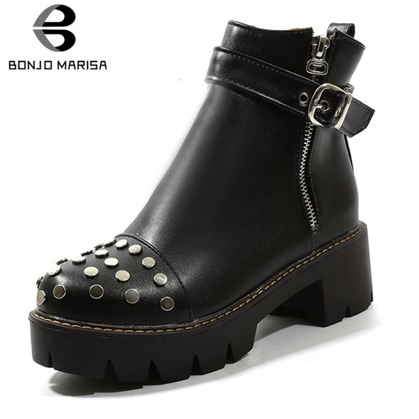 

bonjomarisa large size 34-43 ladies cool rivet boots comfort ankle platform boots women 2019 school 5 cm med heels shoes woman, Black