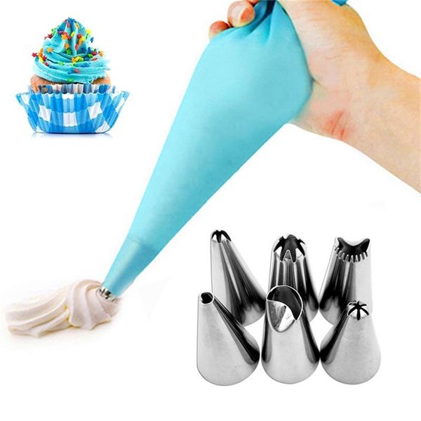 

8шт / set силиконовый обледенение piping крем кондитерский мешок + 6pcs из нержавеющей стали насадка кондитера советы конвертер diy украшени