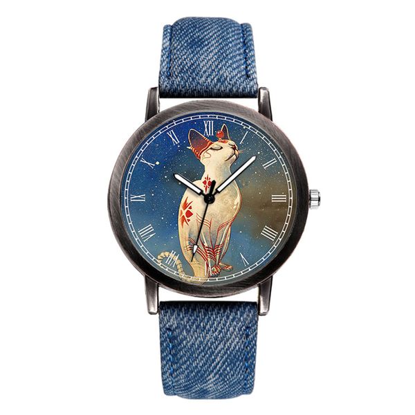 

fashion casual wild denim creative elegant cat starry sky roman numerals dial luxury dress quartz watch, Slivery;brown
