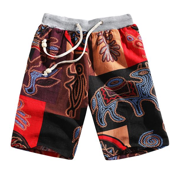 

new summer beach pants men's elastic waist fashion ethnic style printed loose linen beach shorts pants plus size, White;black