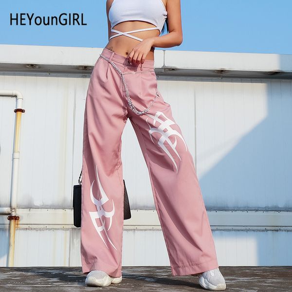 

heyoungirl elegant high waist wide leg pants harajuku pink loose baggy pants women printed casual ladies trousers streetwear, Black;white