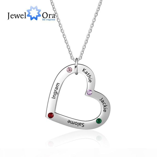 

custom 4 names necklace with birthstone stainless steel heart pendant necklace personalized gift for family (jewelora ne103249, Silver
