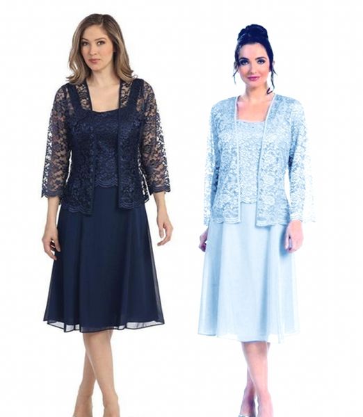 

custom fashion navy blue mother's chiffon dresses with lace jacket long sleeves knee-length plus size evening party gowns, Black;red