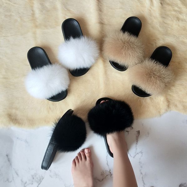 

fashion party ladies shoes women sandals cute plush fluffy women sandals fox fur slippers indoor mixed colors female slippers, Black