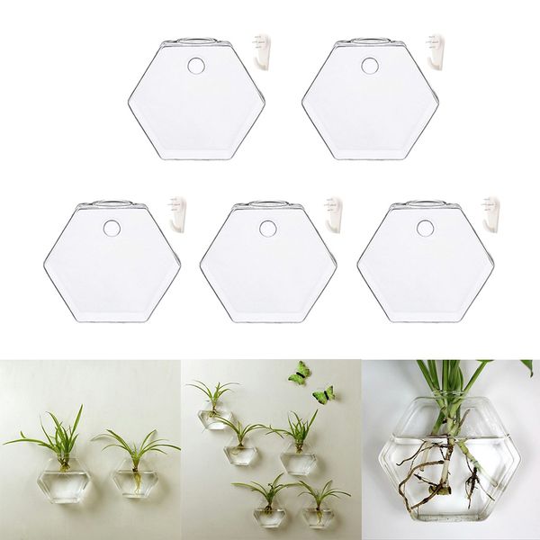 

5 pieces hexagon wall hanging plant terrarium glass planter vase, 13cm