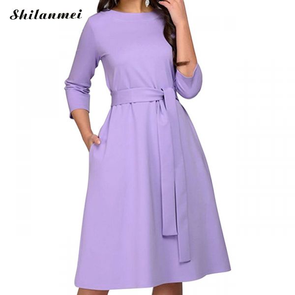 

2019 spring solid color casual dress women three quarter sleeves sashes pockets o-neck loose mid-calf dresses female vestidos, Black;gray