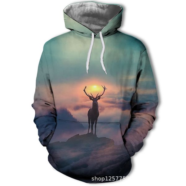 

mens designer sunset scenery deer 3d digital fashion printing flower sweater, Black
