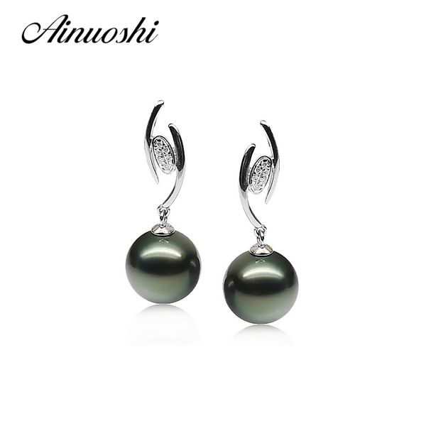 

ainuoshi 925 стерлингового серебра обручальное wedding падение серьги черный культивированный жемчуг таити 9.5-10mm round pearl падение серь, Silver