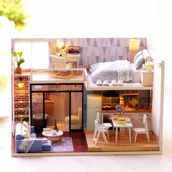 Doll Houses Light Blue Time Modern House Model Diy Toys Wooden Assembled Doll House Miniature Kit Toy House Birthday Gift L 023 Doll S House Large