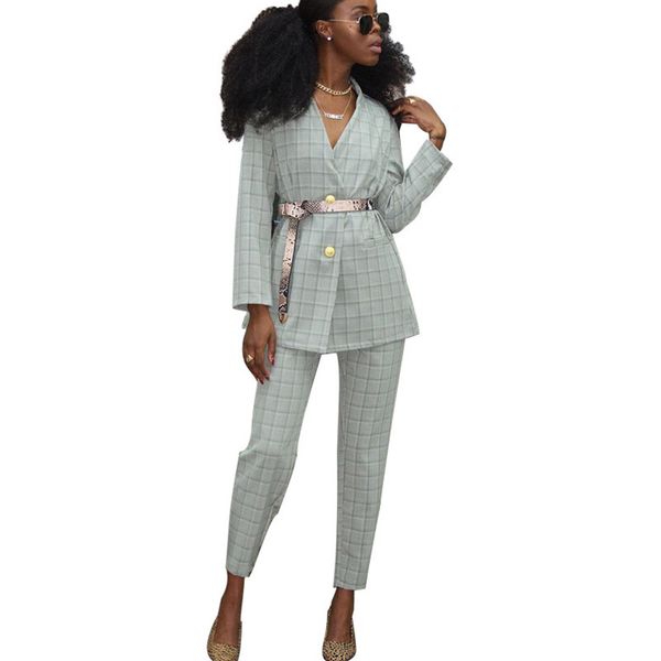 

office lady work wear pant suits women 2 piece sets single breasted plaid blazer jacket and trousers suit streetwear feminino, White;black