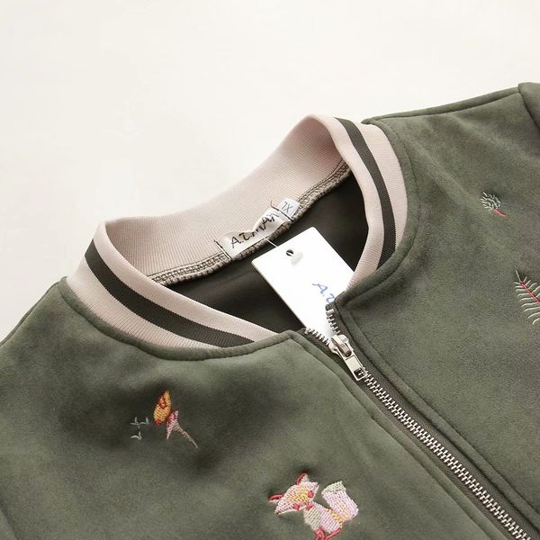 

2018 autumn new style korean-style literature and art embroidered suede stand collar jacket women's large size bicolor, Black;brown