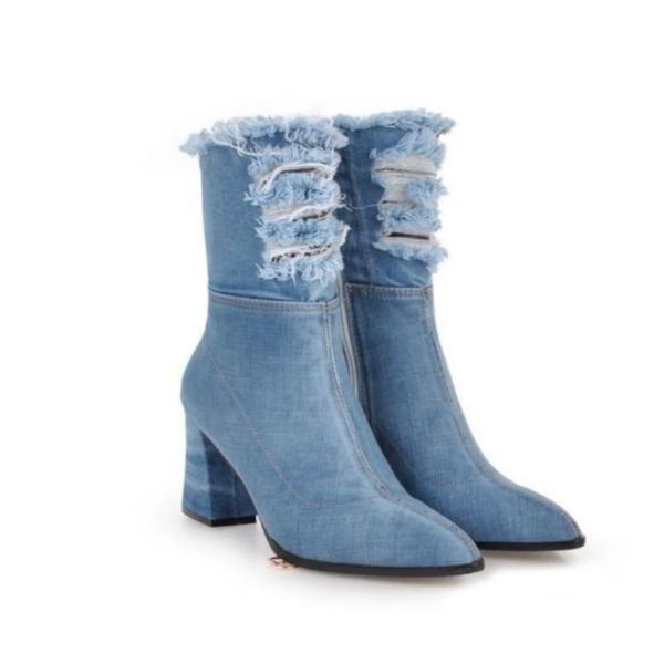 

women's shoes boots retro heel pointed hollowed out denim boots, Black