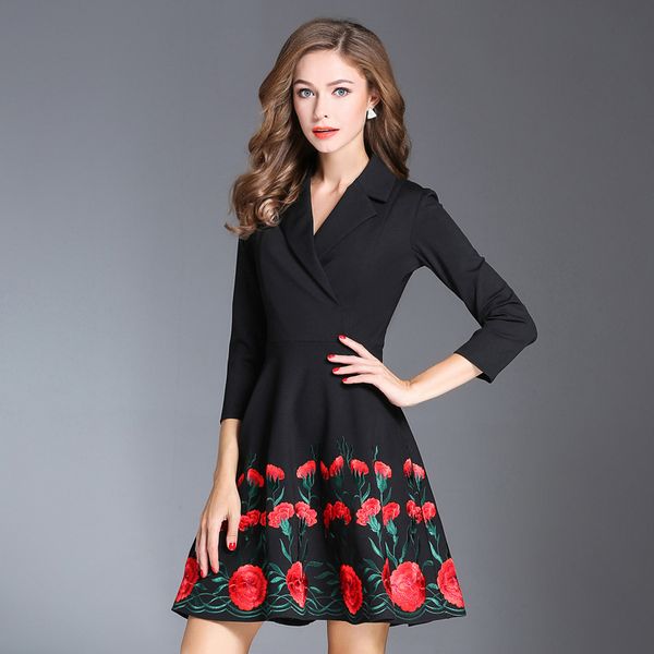 

2017 новый весна осень леди вышивка платье работа женская одежда новинка тонкий вечернее платье плюс размер xxxl зимние цветочные платья, Black;gray