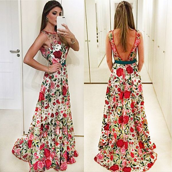 

women's 2019 wear full after deep v gauze embroidery dress female, Red;white