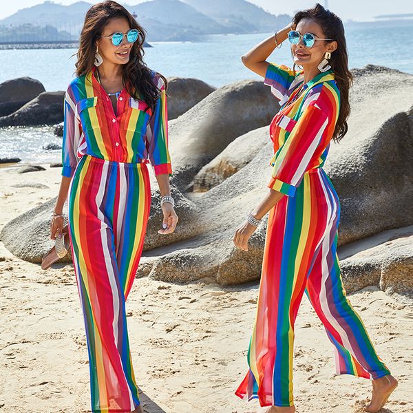 

summer women's loose long pants lapel rainbow printed chiffon jumpsuit, Black;white