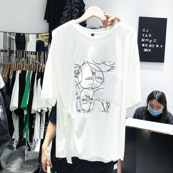 

2020 new european goods large edition pure cotton short-sleeved t-shirt women's lace stitching cotton headdress t-shirt headdress loose, White