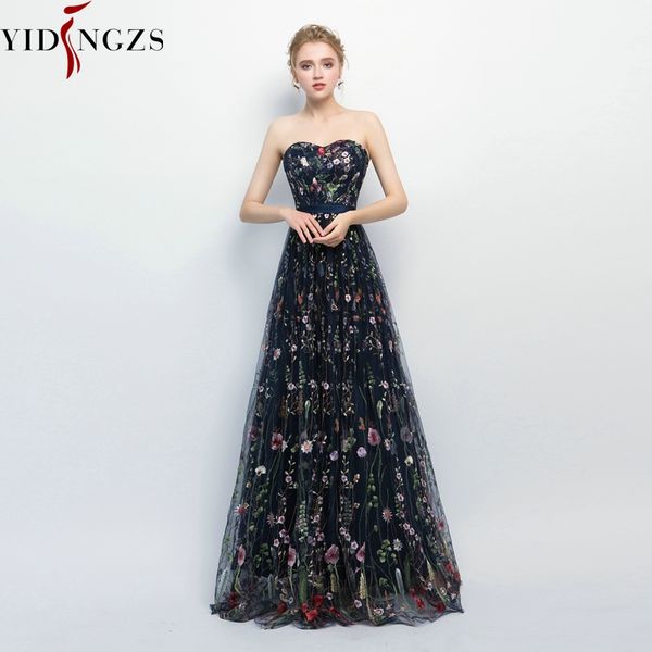 

yidingzs navy blue pleat tulle evening dress 8 colors flower embroidery strapless elegant long evening dress new arrive, White;black