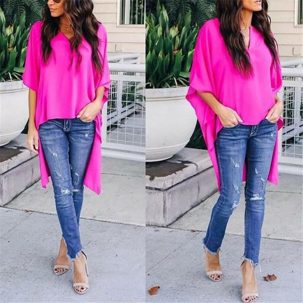 

loose elegant irregular soft tunic casual solid breathable half batwing sleeves shirts simplicity v-neck chiffon women blouses summer, White