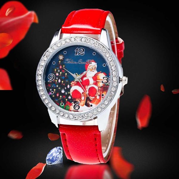 

fashion couple santa claus rhinestone faux leather band round women men quartz wrist watch lover's watches christmas gifts, Slivery;brown