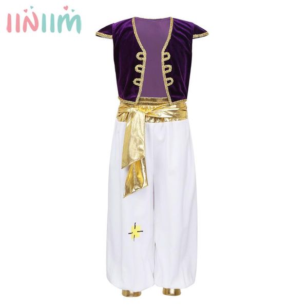 

kids boys arabian prince lamp costumes outfit clothing children's set halloween party cosplay dress up vest waistcoat with pants, White