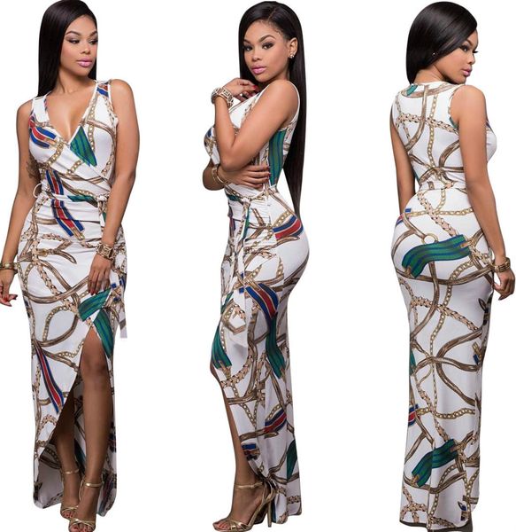 

summer women floral print maxi dresses deep v neck split beach sundress split long dress lace up belted vestidos, White;black