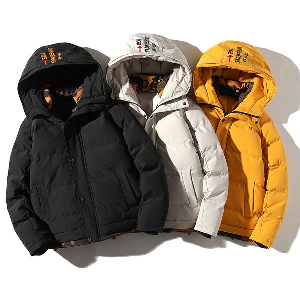

winter new coat men ins trend hooded casual loose cotton jacket coat windproof warm letters embroidered camouflage cotton parkas, Black