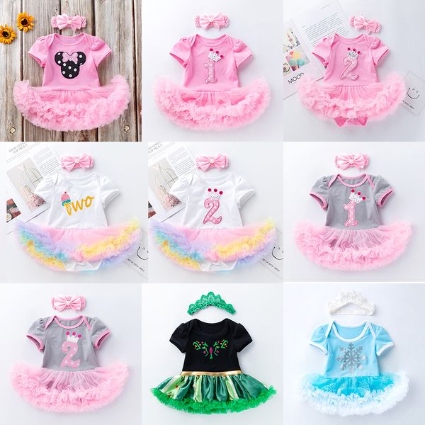 20 Stile Baby Einteiliges Kleid Mädchen Geburtstag Kleidung Set Baumwolle Mesh Krabbeln Kleidung Kleid + Stirnbänder 2 teile/satz Neugeborenen Overalls M1339
