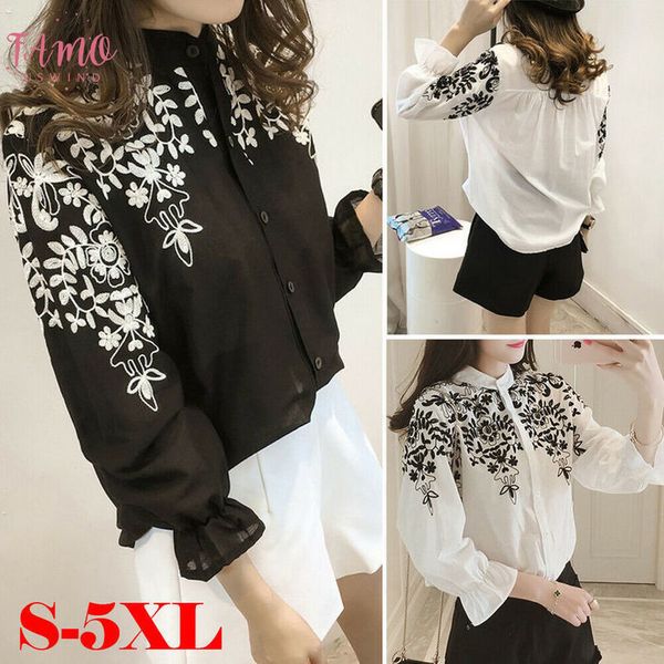 

new women ladys cotton puff sleeve shirts button up hand embroidery floral blouses shirts autumn clothes plus size s 5xl, White