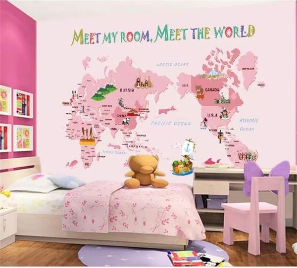 Acheter Taille Personnalisée 3d Photo Papier Peint Enfants Chambre Murale Rose Carte Du Monde Bande Dessinée Peinture Image Canapé Tv Fond Mur Papier